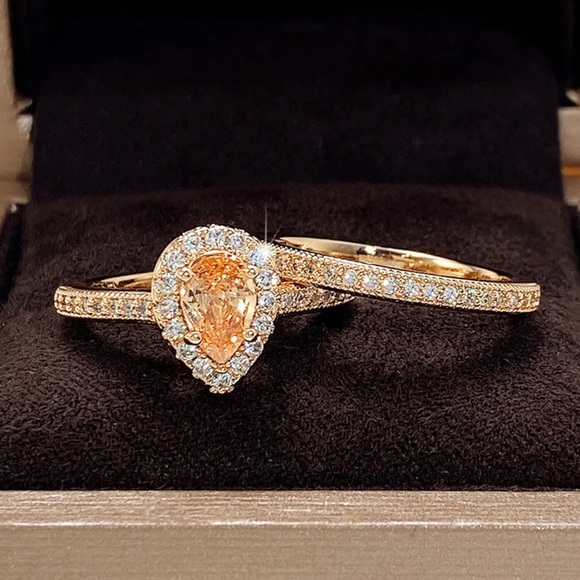 💋Beautiful 10k Gold Vermeil Pear Cut WaterDrop Morganite Cz Diamond Halo  Set - Picture 16 of 16
